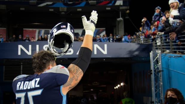 Tennessee Titans offensive tackle Dillon Radunz (75) celebrates their 20 to 17 win against the San Francisco 49ers at Nissan Stadium Thursday, Dec. 23, 2021 in Nashville, Tenn.
